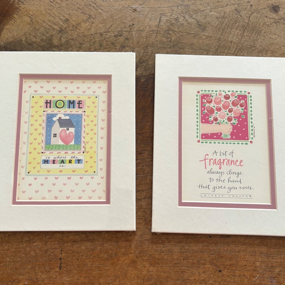 1992 Kathy Davis Matted Lithograph Set 8x10 Home Heart Rose Proverb 2pc Nursery‎